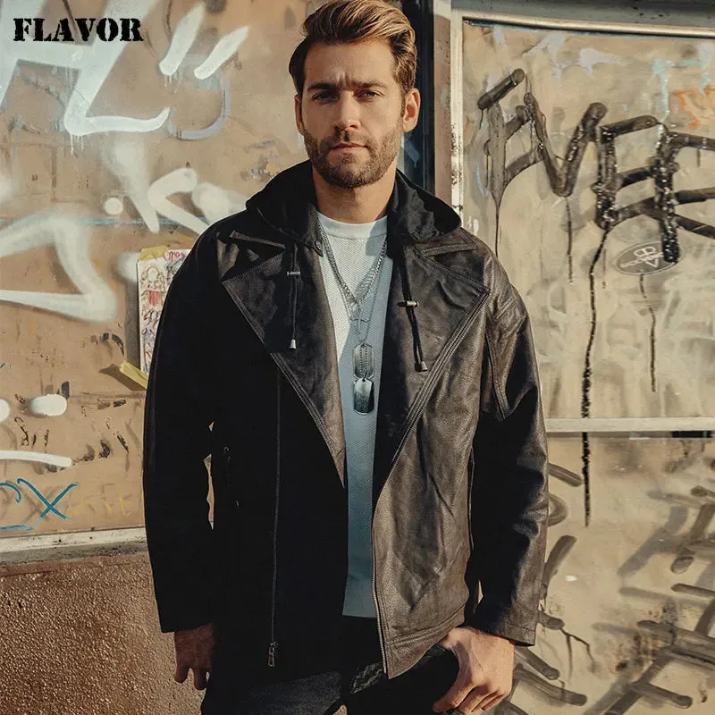 Men's Warm Leather Jacket with Removable Hood