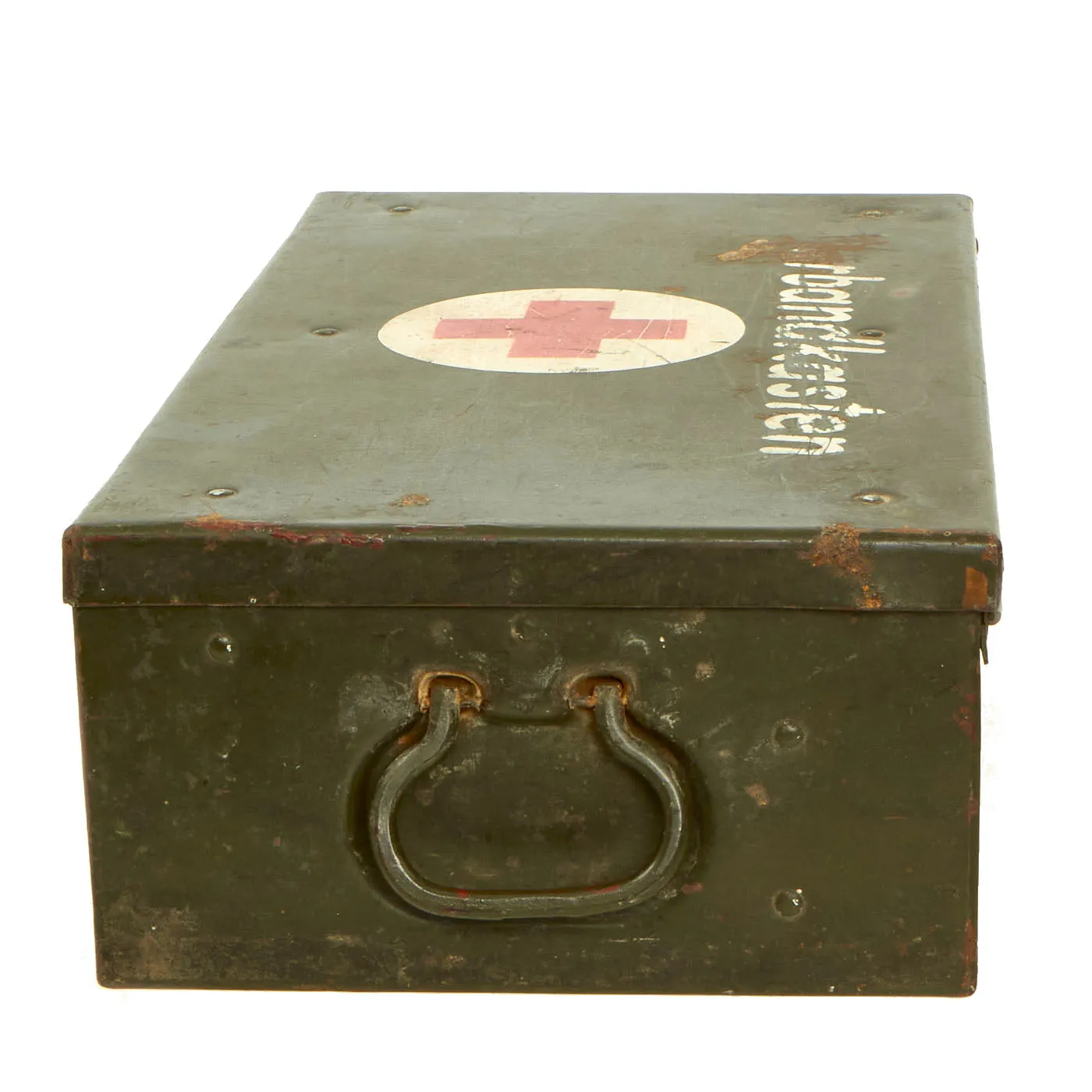 Original German WWII Verbandkasten Medic First Aid Set in Green Steel Chest with 1941 - 1945 Dated Contents